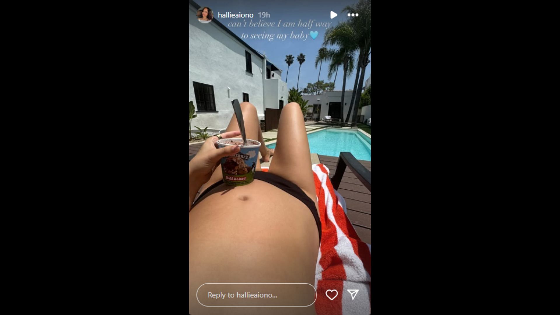 Hallie Aiono shared a photo of her baby bump and shock that her pregnancy is half over. (Photo via Hallie Aiono's Instagram Story)